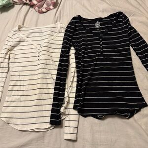 SO Black and White Striped Long Sleeve Henley Tops